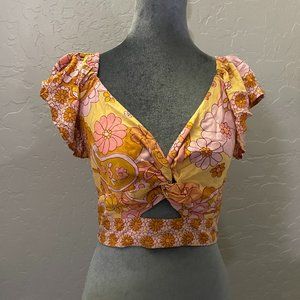 ANGIE gold yellow floral crop top Size S
